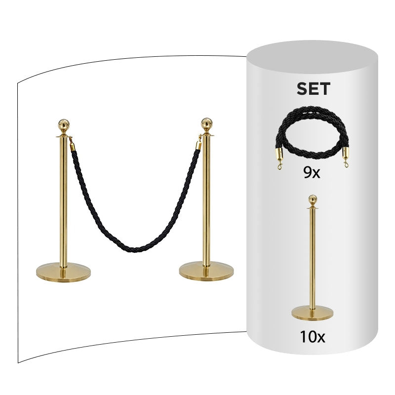 10 pack - Brass Flexibarrier Rope Barrier + Black rope (10x Brass Barriers + 9x Black Ropes)