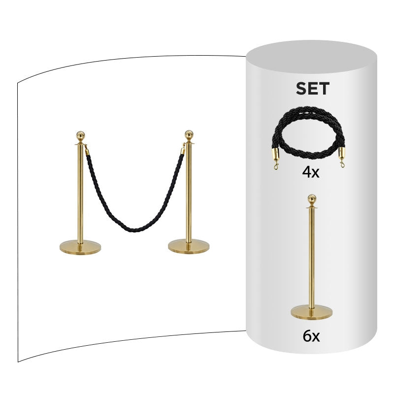 6 pack - Brass Flexibarrier Rope Barrier + Black rope (6x Brass Barriers + 4x Black Ropes)