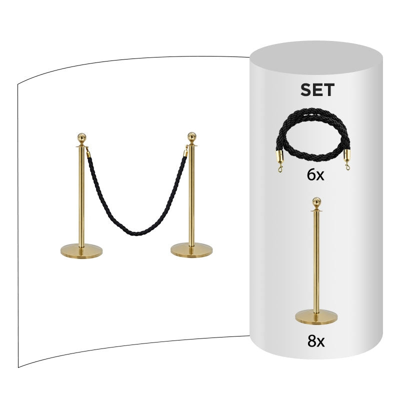 8 pack - Brass Flexibarrier Rope Barrier + Black rope (8x Brass Barriers + 6x Black Ropes)