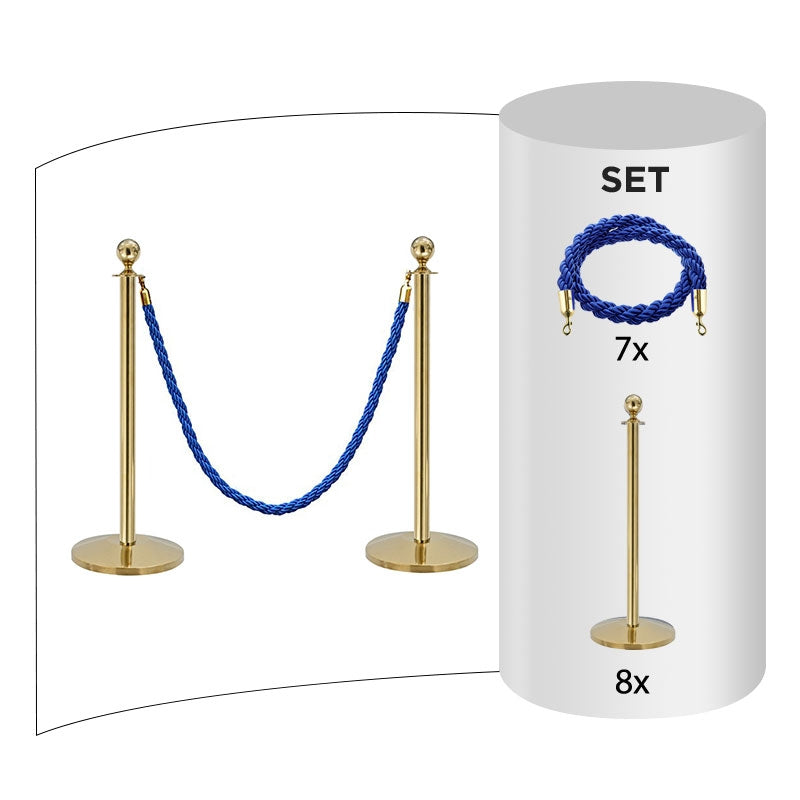 8 pack - Brass Flexibarrier Rope Barrier + Blue rope (8x Brass Barriers + 7x Blue Ropes)