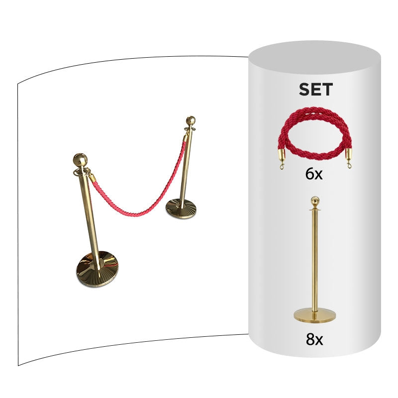 8 pack - Brass Flexibarrier Rope Barrier + Red rope (8x Brass Barriers + 6x Red Ropes)