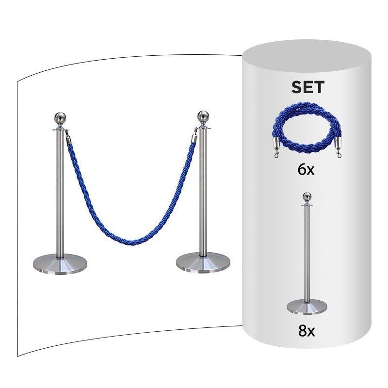 8 pack - Silver Flexibarrier Rope Barrier + Blue rope (8x Silver Barriers + 6x Blue Ropes)