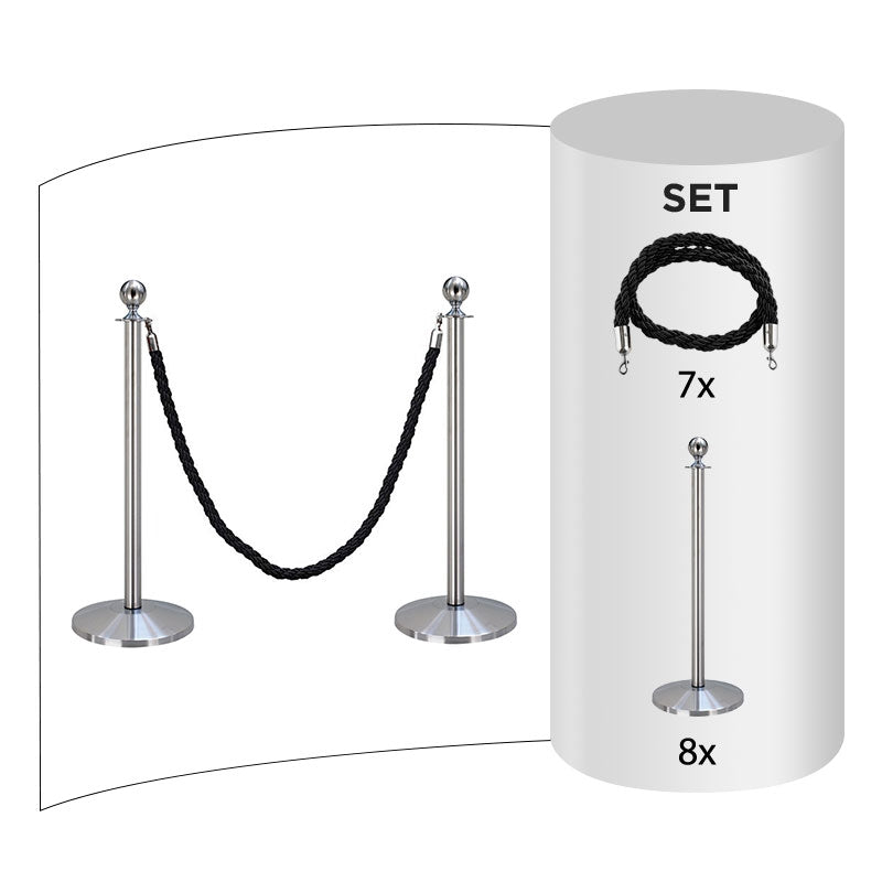 8 pack - Silver Flexibarrier Rope Barrier + Black rope (8x Silver Barriers + 7x Black Ropes)
