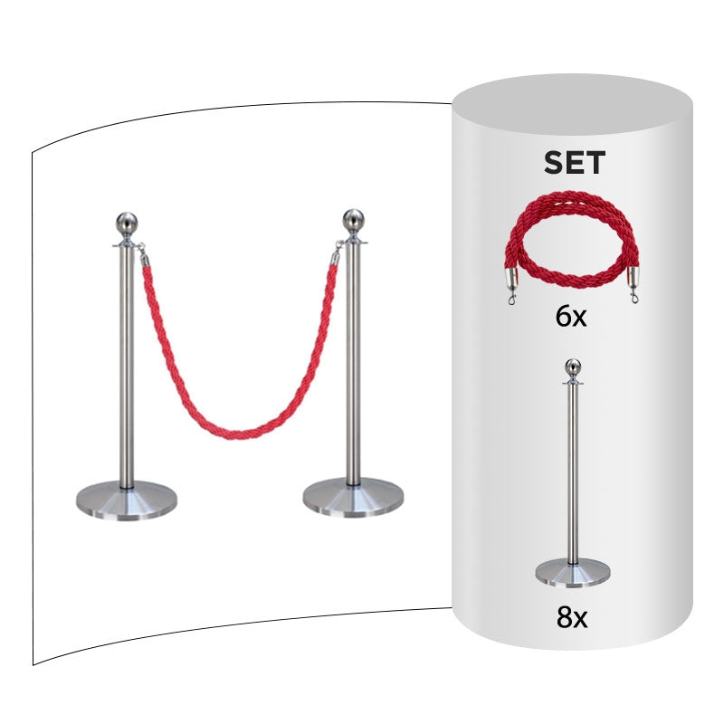 8 pack - Silver Flexibarrier Rope Barrier + Red rope (8x Silver Barriers + 6x Red Ropes)