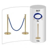 10 pack - Brass Flexibarrier Rope Barrier + Blue rope (10x Brass Barriers + 8x Blue Ropes)