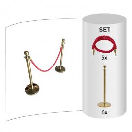 6 pack - Brass Flexibarrier Rope Barrier + Red rope (6x Brass Barriers + 5x Red Ropes)