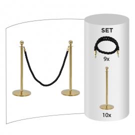 10er-Pack - Absperrständer aus Messing + schwarzes Seil (10 pfosten + 9 Seile)