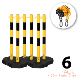 (6 Pack) - Flexibarrier Post & Chain Barrier -Steel- including 25m plastic chain (Black/Yellow)