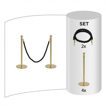 4 pak - Messing VIP-stander Sæt (4x Messingbarrierer + 2x Sorte Reb)