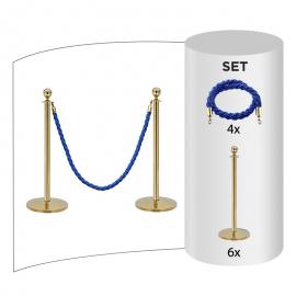 Lot de 6 - Barrière à corde + Corde bleu (6x poteaux en laiton + 4x cordes bleues)